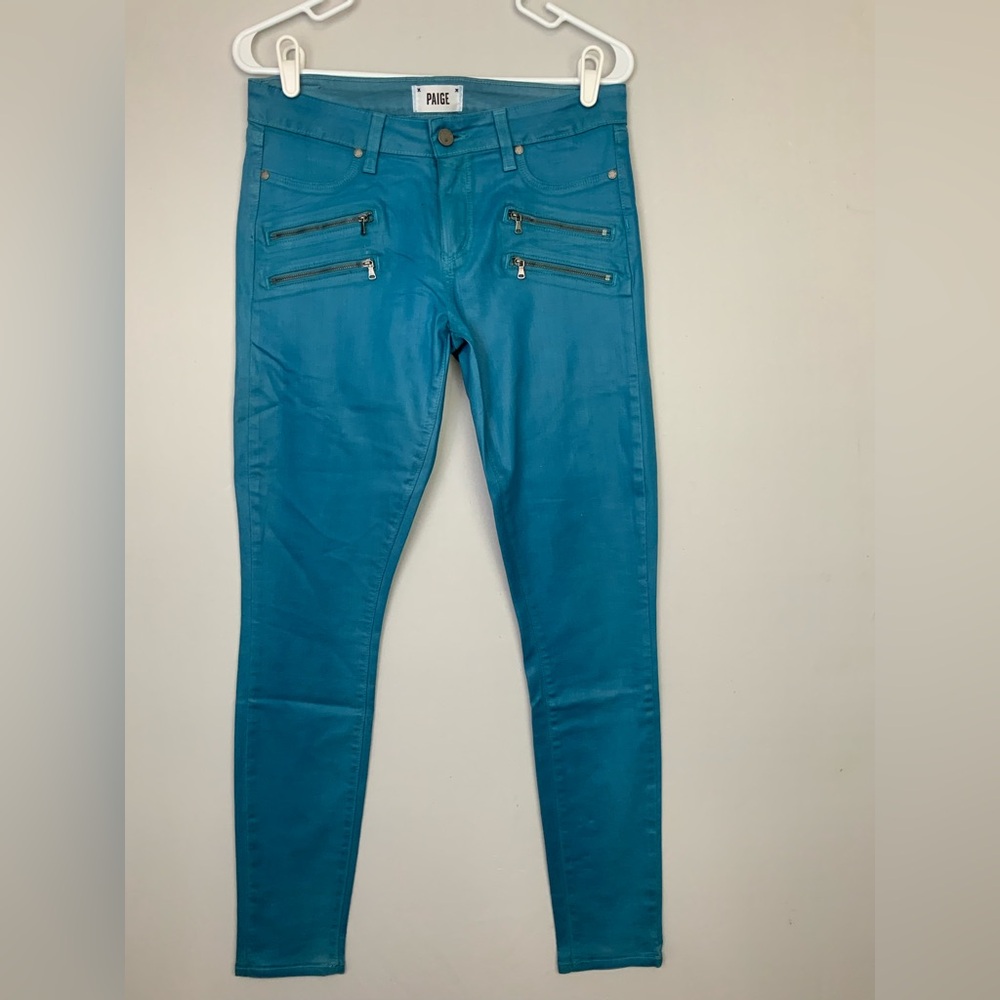 PAIGE Sz 31 Edgemont Teal Blue Waxed Coated Ultra Skinny Jeans Moto Zippers